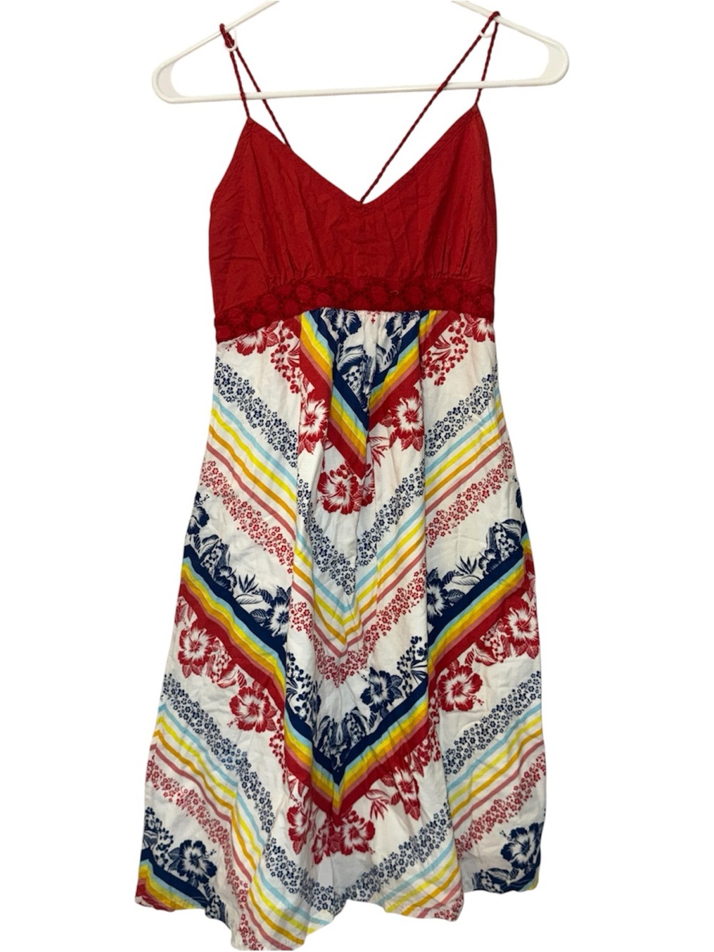 Rip Curl Red and Multi-Color Striped Floral Sundress, retro, Hawaiian flowers L